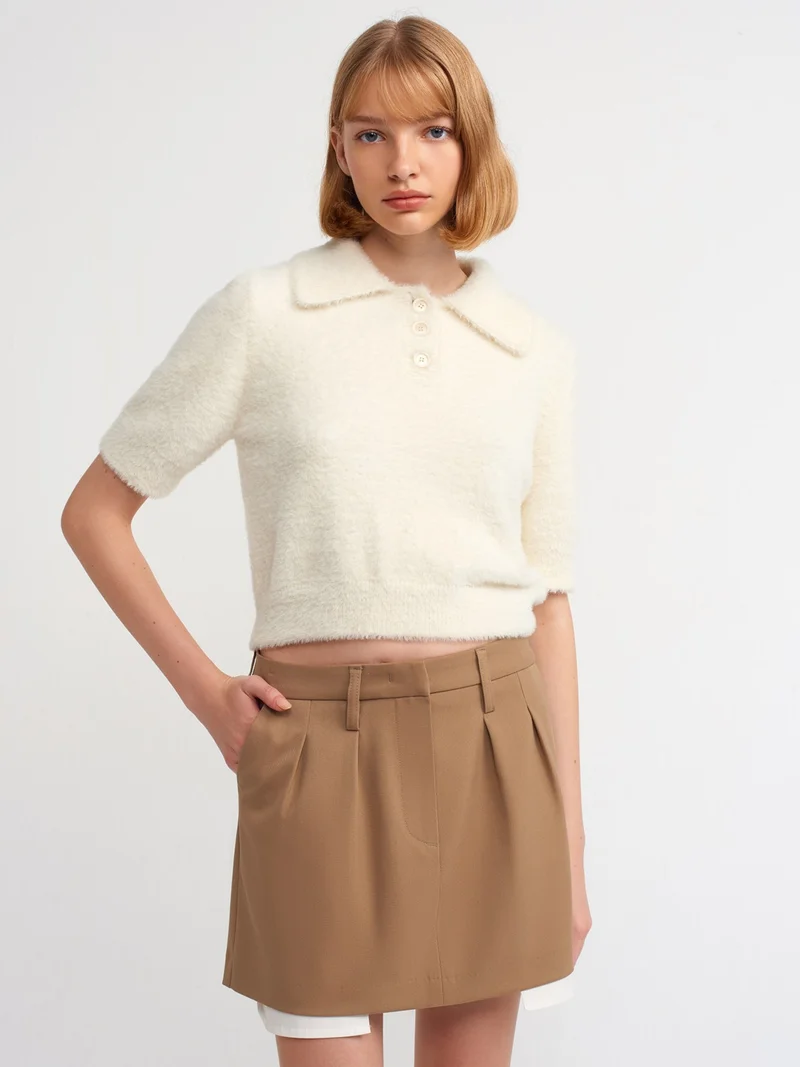 Dilvin 10475 Polo Neck Buttoned Soft Textured Crop Sweater-Cream