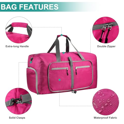 Dimayar Travel Duffle Bag for Men Women - Foldable Duffel Bag with Shoes Compartment - Overnight Bags Waterproof & Tear Resistant(65L,Fuchsine) - Image 3