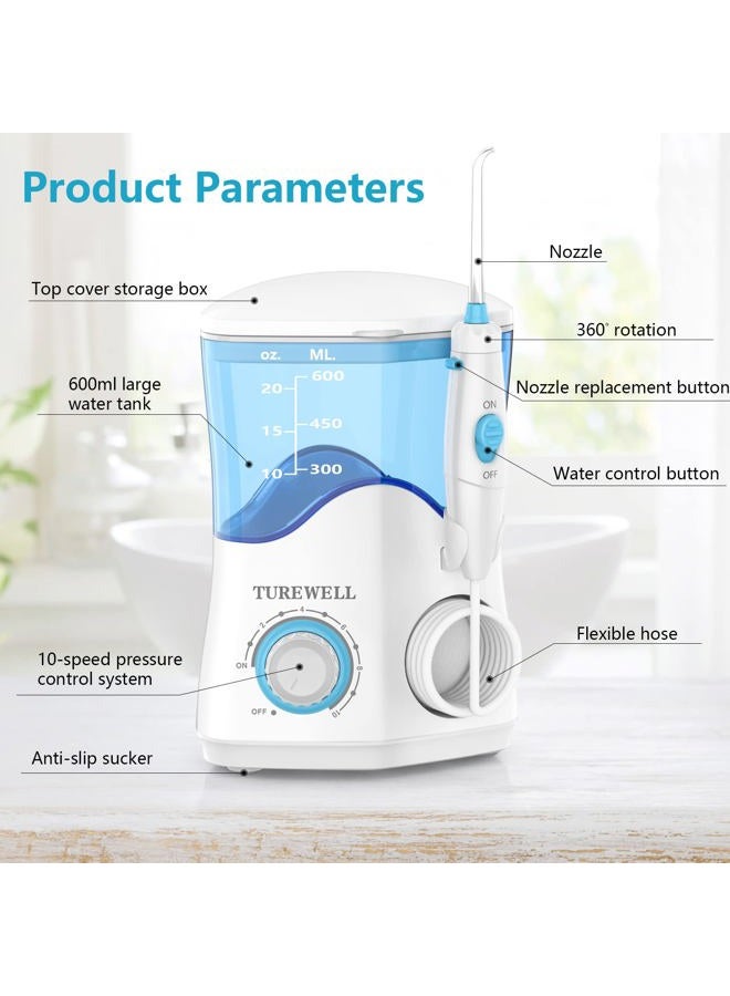 TUREWELL Water Dental Oral Irrigator for Teeth/Braces,10 Pressure Levels Water Teeth Cleaner 8 Water Jet Tips for Family, 600ML Electric Dental Flosser Pick for Tooth Cleaning (White) - Image 2