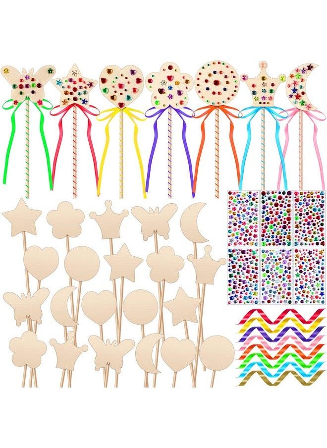 Chumia - 42 Pcs Princess Fairy Wands Kit Include 28 Wooden Princess Wand 6 Gem Stickers 8 Ribbons Princess Birthday Party Supplies Unfinished Diy Moon Butterfly Make Your Own Princess Wand - Image 1