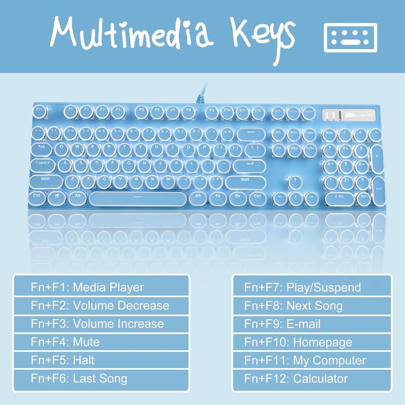 Camiysn Typewriter Style Mechanical Gaming Keyboard,Retro Punk Gaming Keyboard with White Backlit, 104 Keys Blue Switch Wired Cute Keyboards with Detachable Wrist Rest,Blue Keyboards for Office/PC/Laptop - Image 5