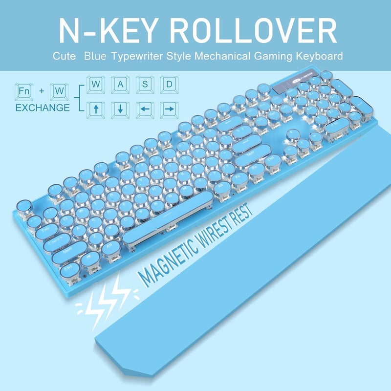 Camiysn Typewriter Style Mechanical Gaming Keyboard,Retro Punk Gaming Keyboard with White Backlit, 104 Keys Blue Switch Wired Cute Keyboards with Detachable Wrist Rest,Blue Keyboards for Office/PC/Laptop - Image 2