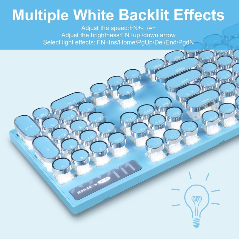Camiysn Typewriter Style Mechanical Gaming Keyboard,Retro Punk Gaming Keyboard with White Backlit, 104 Keys Blue Switch Wired Cute Keyboards with Detachable Wrist Rest,Blue Keyboards for Office/PC/Laptop - Image 3