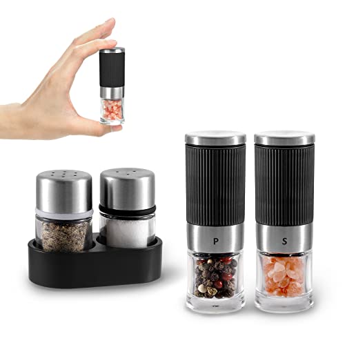 VEVOK CHEF Mini Salt and Pepper Grinder set with 2 Small Salt and Pepper Shakers Portable Cute Tiny Spice Grinder Pepper Mill Salt Grinder for Travel, Work, Camping, Party, School, Lunch Box - Image 1