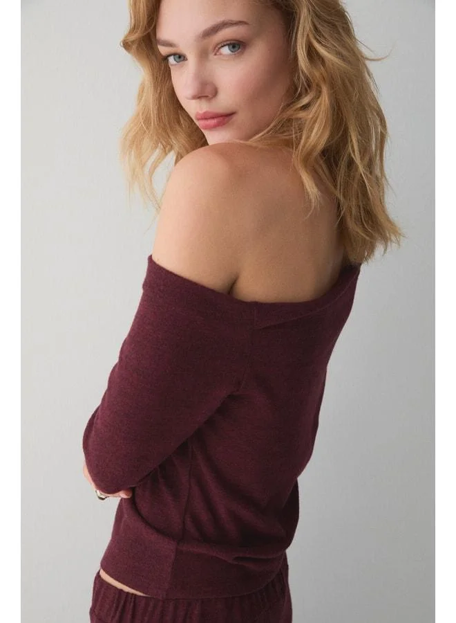 Ethiquet  DELORE Women's soft and stretchy fabric asymmetric-collared drape-detailed burgundy top‑bottom set. for Women | Best Price UAE