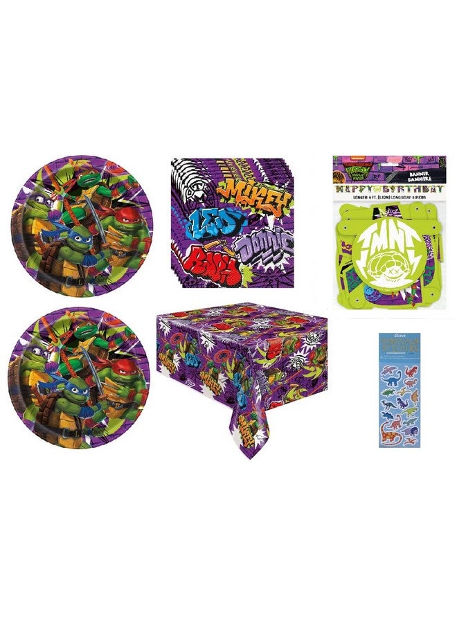 Unique Teenage Mutant Ninja Turtles Tmnt Birthday Party Bundle Pack Includes 16 Dessert Cake Plates 16 Napkins 1 Table Cover 1 Happy Birthday Banner 1 Dinosaur Sticker Sheet Serves 16 - Image 1
