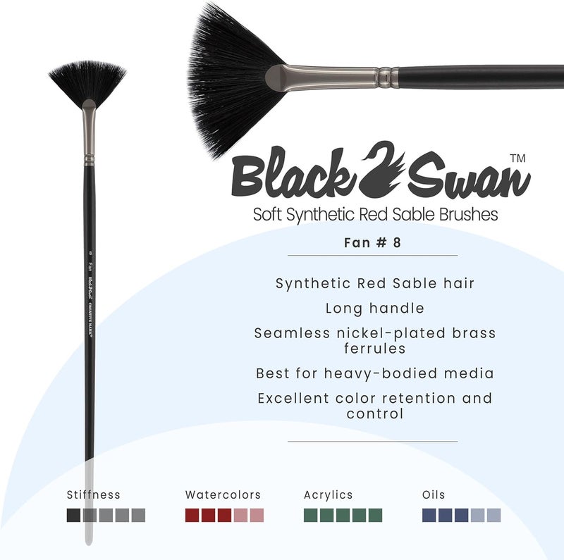 Creative Mark Black Swan Synthetic Red Sable Fan Paint Brushes - Fan Size # 8 - Professional Quality Long Handle Paint Brushes for Oil, Heavy Body Media and Acrylic - Artists of All Levels - Image 1