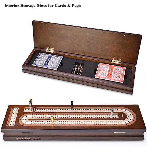 AMEROUS Wooden Cribbage Board Game Set with Magnetic Lock - Metal Pegs - 2 Playing Cards - Continuous 3 Track Board - Larger Storage Area, Travel Portable Cribbage Game Sets for Family - Image 3