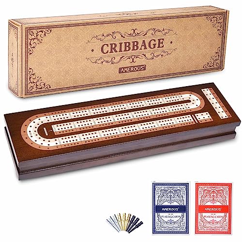 AMEROUS Wooden Cribbage Board Game Set with Magnetic Lock - Metal Pegs - 2 Playing Cards - Continuous 3 Track Board - Larger Storage Area, Travel Portable Cribbage Game Sets for Family - Image 1