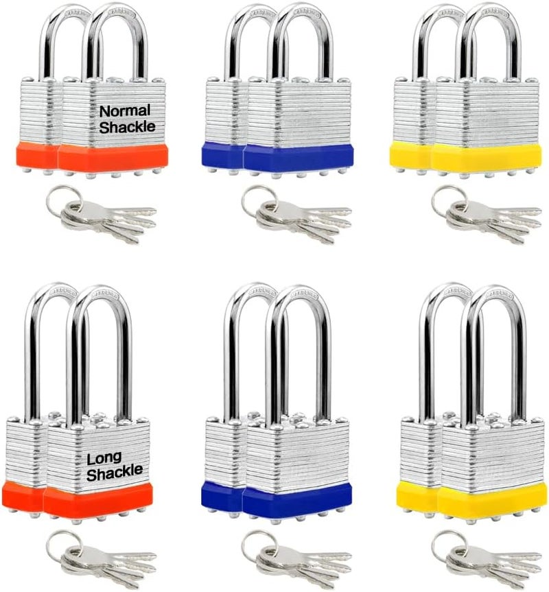 LanuBe Lock 12-Pack Laminated Keyed Padlock Set 3 Colors, 2 Short 2 Long Shackles per Color,The Same Color and Shackles Combination. Open with The Same Key.6 Independent Combinations. - Image 1