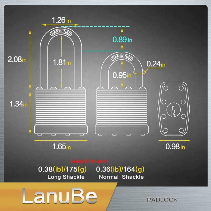 LanuBe Lock 12-Pack Laminated Keyed Padlock Set 3 Colors, 2 Short 2 Long Shackles per Color,The Same Color and Shackles Combination. Open with The Same Key.6 Independent Combinations. - Image 3