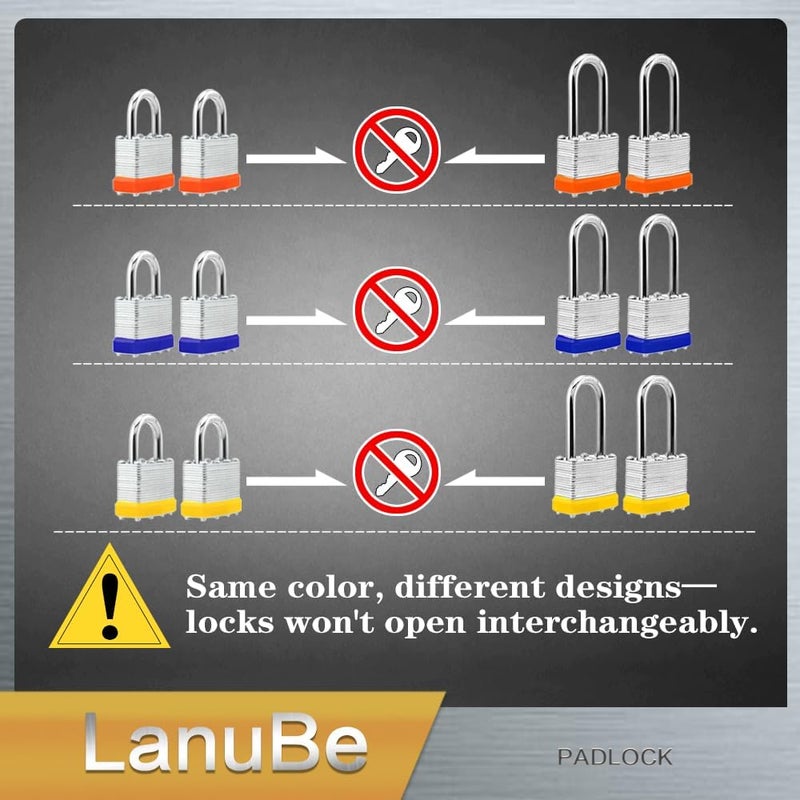 LanuBe Lock 12-Pack Laminated Keyed Padlock Set 3 Colors, 2 Short 2 Long Shackles per Color,The Same Color and Shackles Combination. Open with The Same Key.6 Independent Combinations. - Image 2