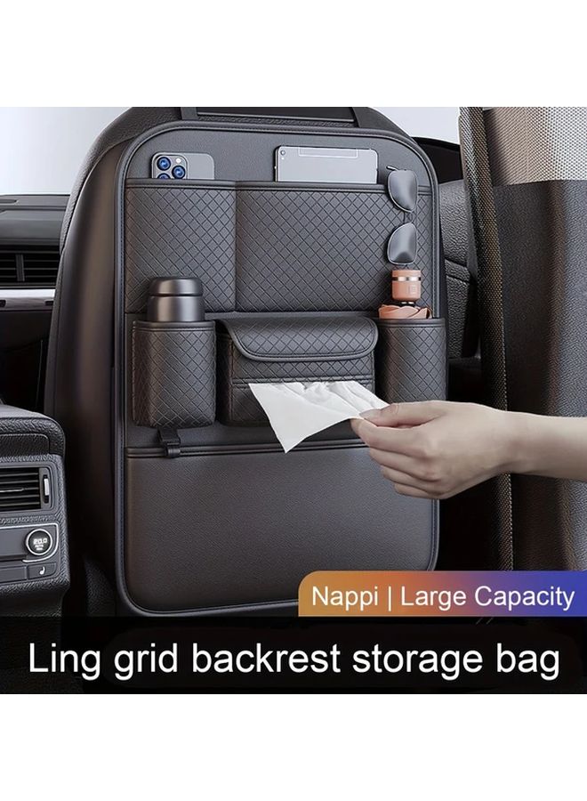 Black Car Seat Organizer Storage Bag PU Leather Spacious Backrest Grid Design - Image 2