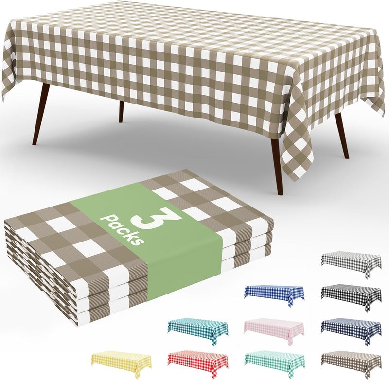 Smiry 3 Pack Khaki Gingham Disposable Tablecloths - 54" x 108" Heavy Duty Plastic Table Cloth, Waterproof Buffalo Plaid Table Covers for Picnic, Banquets, Outdoor Parties - Image 1