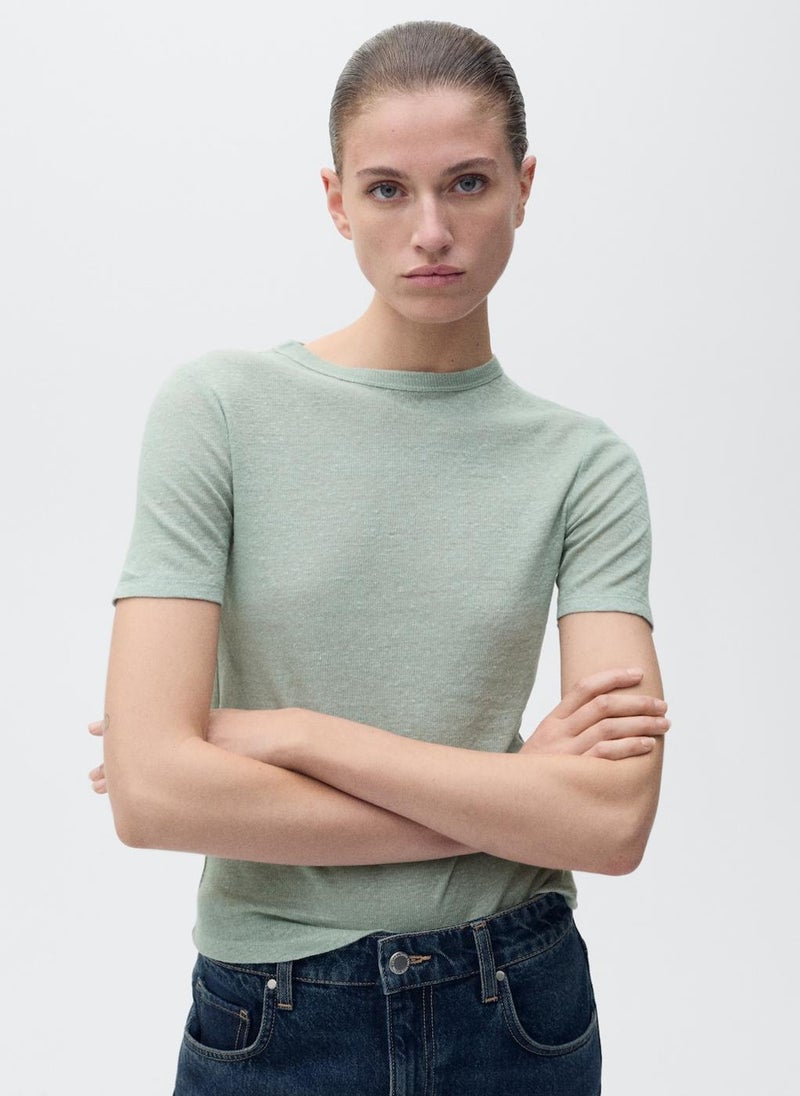 MANGO Fitted Linen T-Shirt  - Image 1
