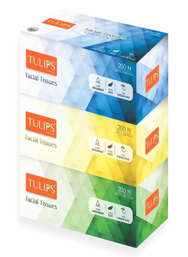 Tulips Facial Dry Tissue Paper - Super Soft, Super Absorbent & 100% Pure | 2-Ply x 200 Pulls | Gentle, Durable & Travel-Friendly Tissue for Home, Car & Office (Pack of 3) - Image 1