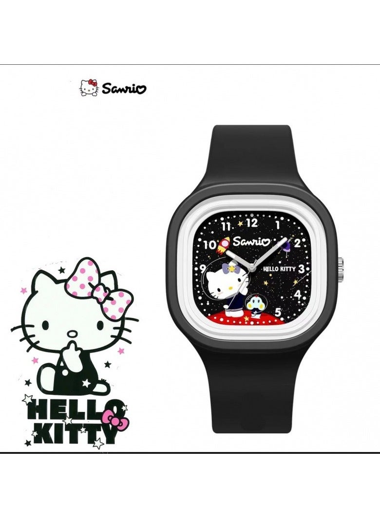 Hello Kitty Black Square Cartoon Sanrio Hello Kitty Pattern Children's Watch Silicone Strap Suitable for All Ages Kids Gift Watches - Image 1