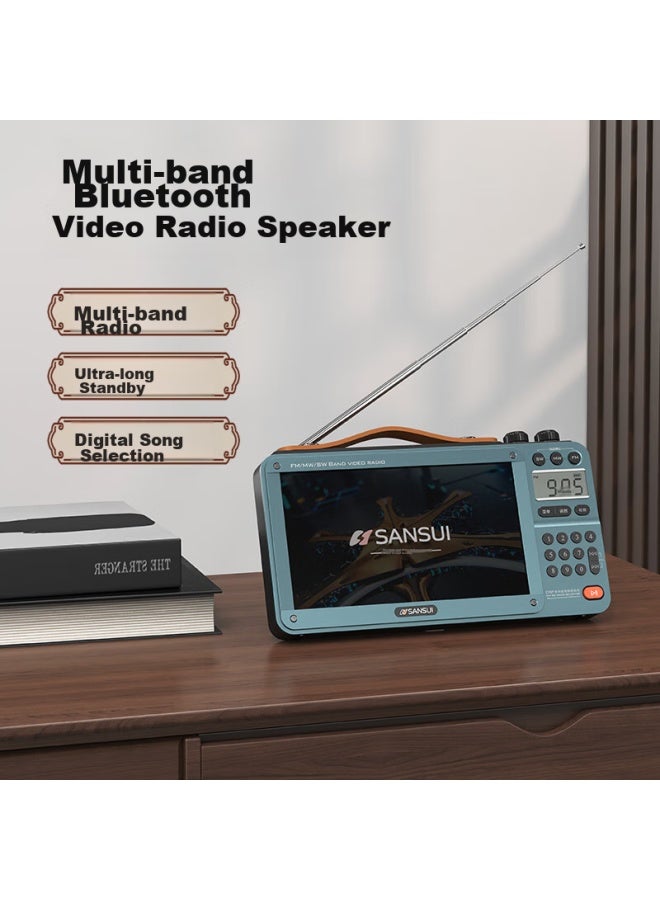 Sansui راديو M35 لكبار السن، قابل لإعادة الشحن، قابل لإدخال بطاقة، فيديو، مكبر صوت صغير، محمول، مشغل صوت شخصي، ضبط FM، راديو بث، مكبر صوت بلوتوث، مشغل موسيقى، أزرق - Image 1