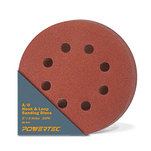 POWERTEC 25PK, 80 Grits, Sanding Discs 5 Inch - Hook and Loop, 5 Inch 8 Hole Aluminum Oxide Sandpaper Discs, Woodworking Sanding Pads for Random Orbital, Palm, Air, DA & Pneumatic Sander (45008) - Image 1