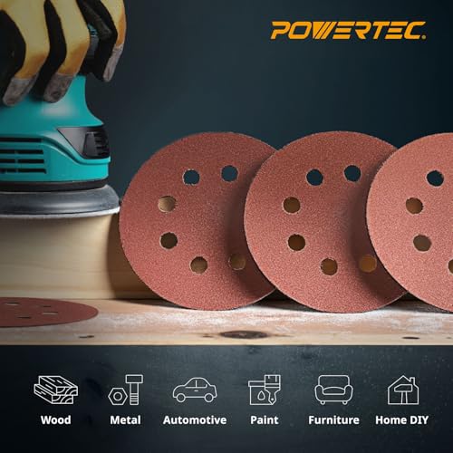 POWERTEC 25PK, 80 Grits, Sanding Discs 5 Inch - Hook and Loop, 5 Inch 8 Hole Aluminum Oxide Sandpaper Discs, Woodworking Sanding Pads for Random Orbital, Palm, Air, DA & Pneumatic Sander (45008) - Image 2