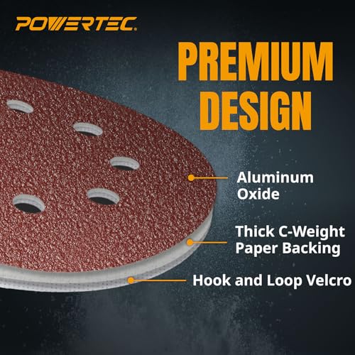 POWERTEC 25PK, 80 Grits, Sanding Discs 5 Inch - Hook and Loop, 5 Inch 8 Hole Aluminum Oxide Sandpaper Discs, Woodworking Sanding Pads for Random Orbital, Palm, Air, DA & Pneumatic Sander (45008) - Image 3