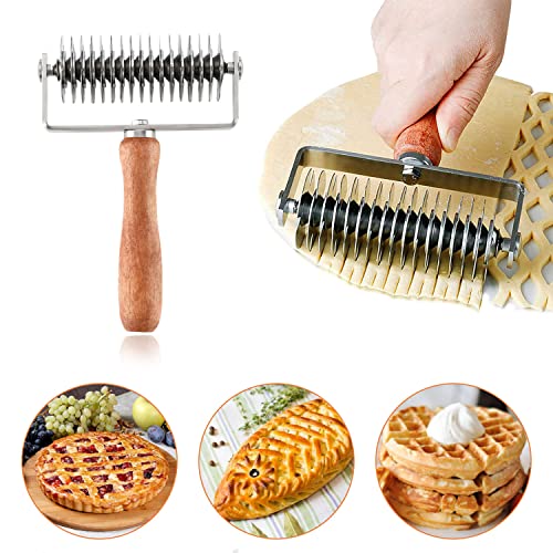 MIATTCLD Stainless Steel Dough Lattice Top Cookie Pie Pizza Bread Pastry Crust Roller Cutter Holder Wooden Handle, Lattice Dough Cutter for Fishnet Crust - Image 1