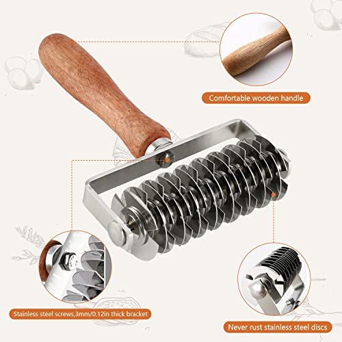 MIATTCLD Stainless Steel Dough Lattice Top Cookie Pie Pizza Bread Pastry Crust Roller Cutter Holder Wooden Handle, Lattice Dough Cutter for Fishnet Crust - Image 2