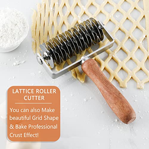 MIATTCLD Stainless Steel Dough Lattice Top Cookie Pie Pizza Bread Pastry Crust Roller Cutter Holder Wooden Handle, Lattice Dough Cutter for Fishnet Crust - Image 5