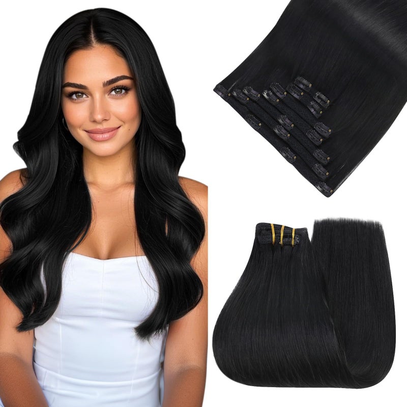 Easyouth Clip in Hair Extensions Real Human Hair Black Clip in Hair Extensions Human Hair Jet Black Human Hair Clips in Extension Black Thick Clips on Hair Extension Blend Natural 7Pcs 120G 18Inch