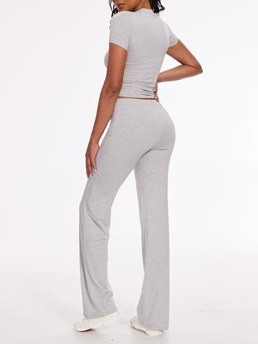 AnotherChill Women's 2 Piece Lounge Sets Straight Leg Pants Set Short Sleeve Crop T-shirt Casual Outfits Comfy Loungewear (Light-Gray, Small) - Image 2