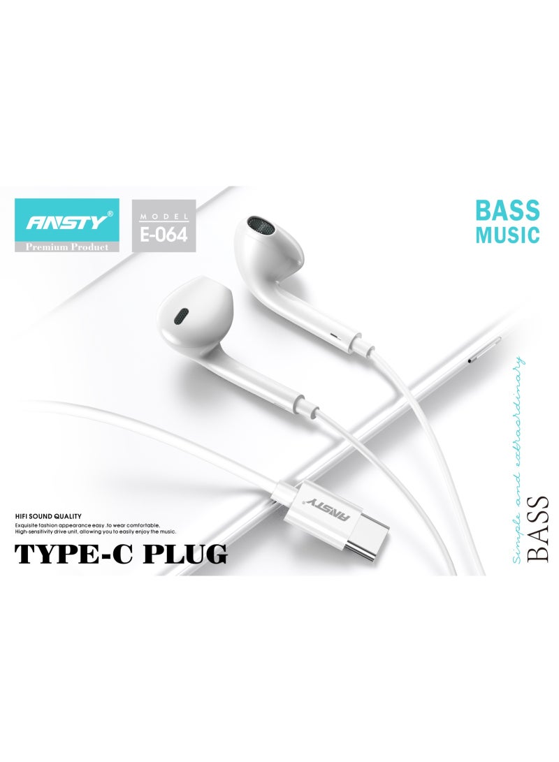 ANSTY E-064 Wired Earphones - Type-C Plug, Hi-Fi Sound Quality, and Extra Bass with Ergonomic Design - Image 1