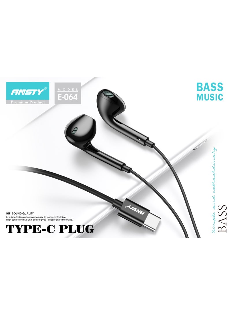 ANSTY E-064 Wired Earphones - Type-C Plug, Hi-Fi Sound Quality, and Extra Bass with Ergonomic Design - Image 3