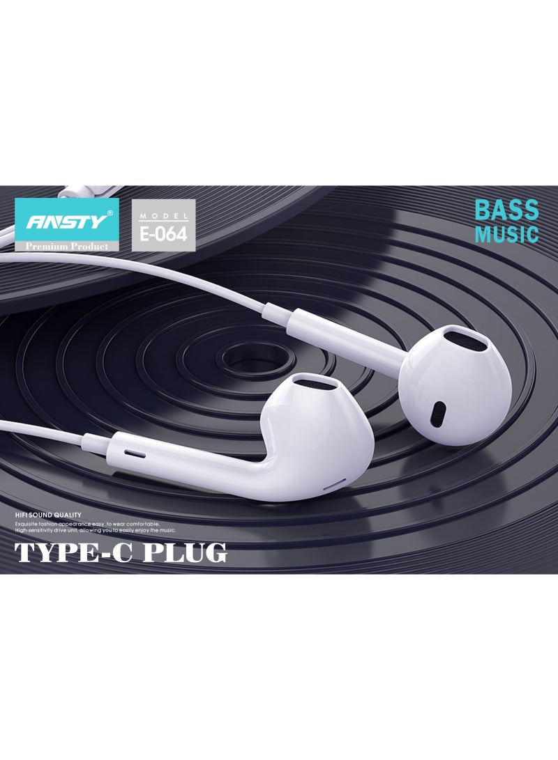 ANSTY E-064 Wired Earphones - Type-C Plug, Hi-Fi Sound Quality, and Extra Bass with Ergonomic Design - Image 2