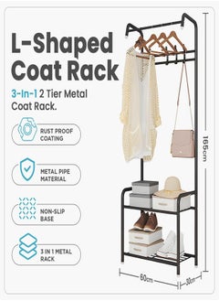 ZEESQUARE 3-in-1 Coat Rack, Shoe Rack, and Clothes Hanger – Sturdy Wooden Entryway Organizer with 6 Hooks, 2 Shoe Shelves, and Hanging Rod for Jackets, Shoes, and Accessories – Space-Saving Design for Home or Office (Black)  - Image 5
