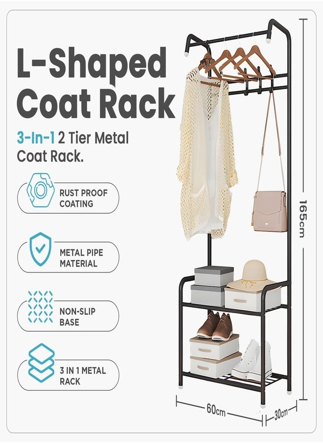 ZEESQUARE 3-in-1 Coat Rack, Shoe Rack, and Clothes Hanger – Sturdy Wooden Entryway Organizer with 6 Hooks, 2 Shoe Shelves, and Hanging Rod for Jackets, Shoes, and Accessories – Space-Saving Design for Home or Office (Black)  - Image 5