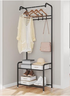 ZEESQUARE 3-in-1 Coat Rack, Shoe Rack, and Clothes Hanger – Sturdy Wooden Entryway Organizer with 6 Hooks, 2 Shoe Shelves, and Hanging Rod for Jackets, Shoes, and Accessories – Space-Saving Design for Home or Office (Black)  - Image 1