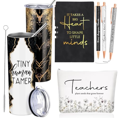 Domensi 6 Pcs Tiny Humans Appreciation Gift Set Thank You Gifts Babysitter Daycare Preschool Teacher 20 oz Marble Tumbler Makeup Bag Journal Ballpoint Pen Kindergarten Teacher - Image 1