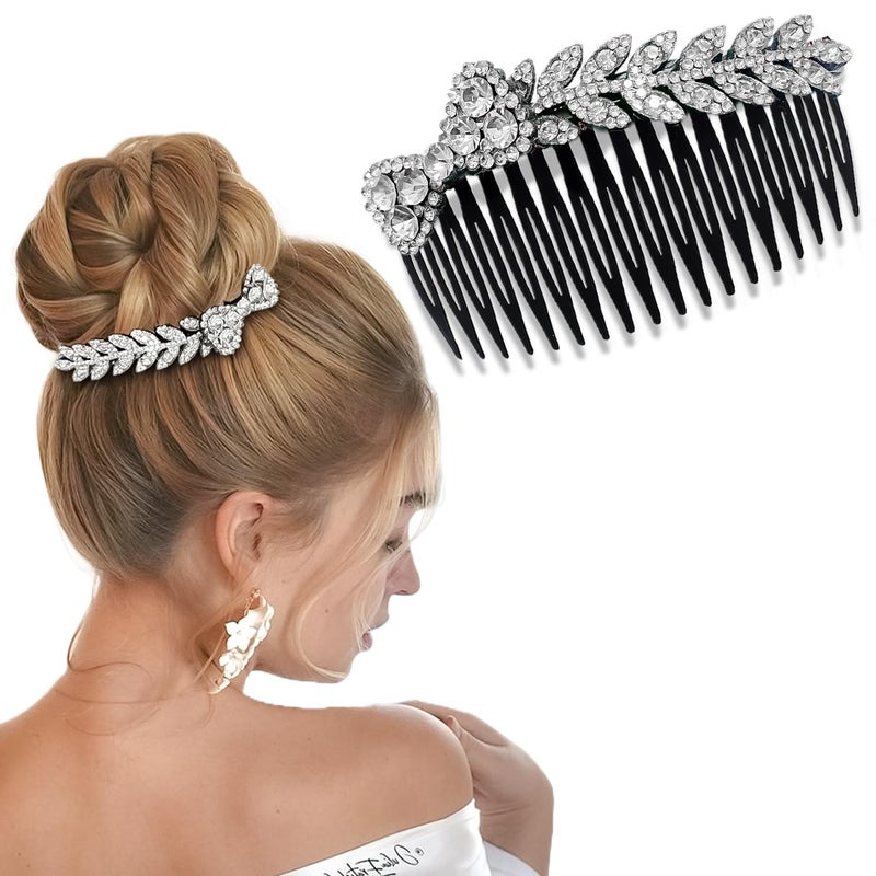 LYKAA Beautiful Crystal Leaf Juda Hair Comb For Women And Girls | Designer Rhinestone Hair Accessories For Bun, Party & Bridal Hairstyles | Decorative Juda Comb For Weddings And Festive Look – 1 PCS (Sliver) - Image 1