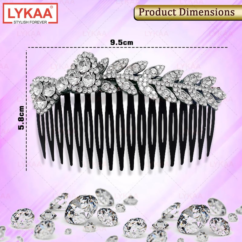 LYKAA Beautiful Crystal Leaf Juda Hair Comb For Women And Girls | Designer Rhinestone Hair Accessories For Bun, Party & Bridal Hairstyles | Decorative Juda Comb For Weddings And Festive Look – 1 PCS (Sliver) - Image 2