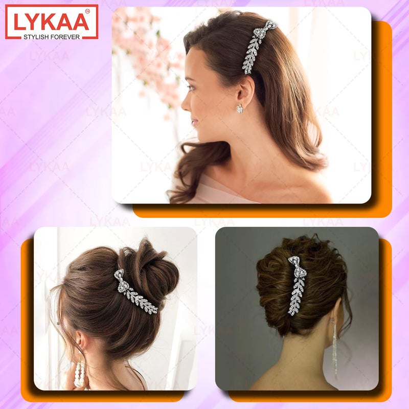 LYKAA Beautiful Crystal Leaf Juda Hair Comb For Women And Girls | Designer Rhinestone Hair Accessories For Bun, Party & Bridal Hairstyles | Decorative Juda Comb For Weddings And Festive Look – 1 PCS (Sliver) - Image 4
