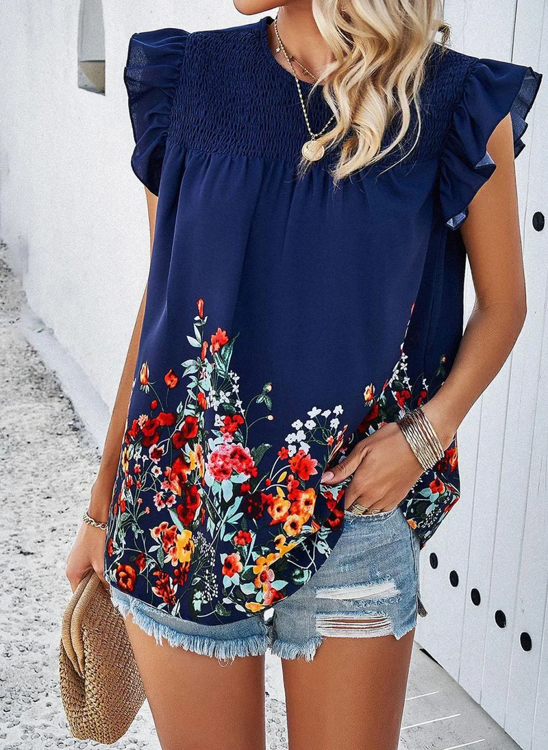 YUNIQEE Blue Round Neck Short Sleeves Printed Top