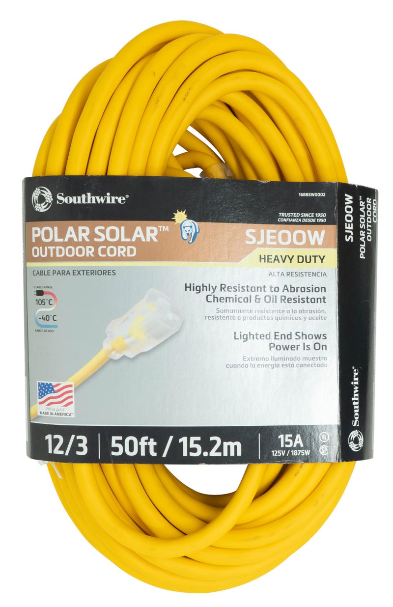 Southwire Polar Solar Extension Cord - Cold Weather Flexibility & Rugged Durability - SJEOOW Jacket - UL Listed - Oil & Chemical Resistant - 12/3 Gauge - 50 Foot - Yellow Outdoor Cord - Image 1