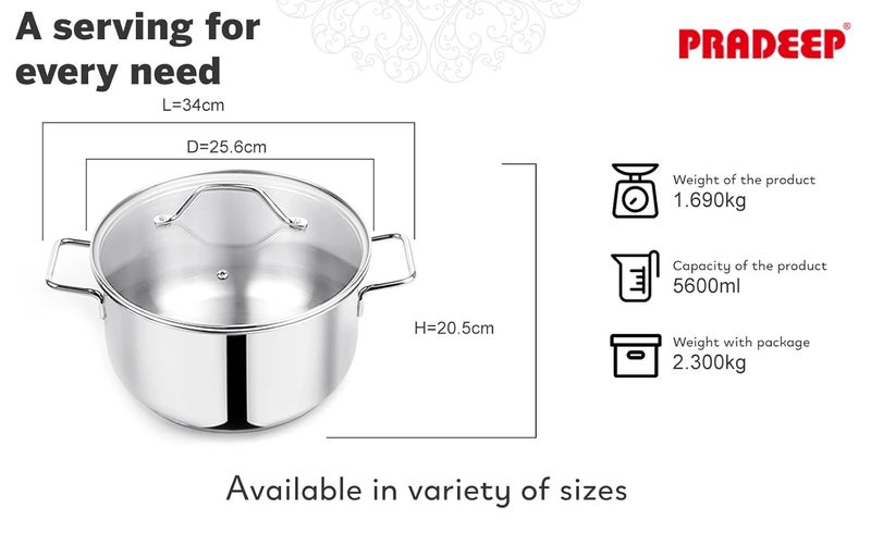 Pradeep Stainless Steel Cookpot with Lid (Bello) | 24CM, 5.6L Capacity| Sandwich Bottom for Even Heating |Elegant Glass Lid|Fast Cooking| Induction & Gas Stove Compatible,Rice Pot,biriyani Pot - Image 4