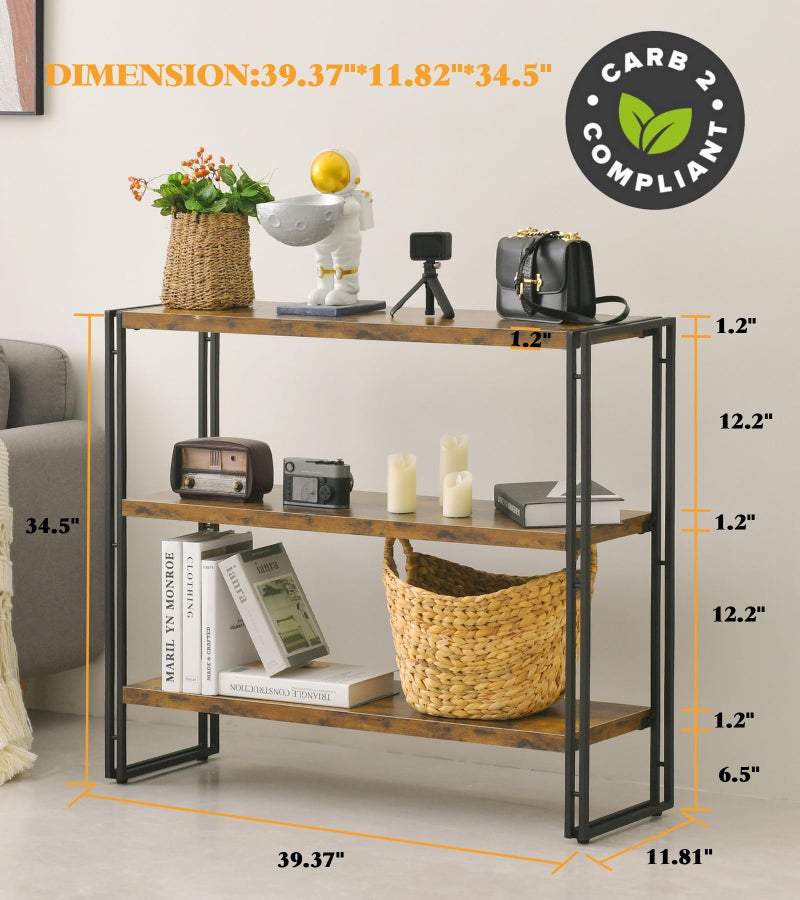 HCHQHS 3-Tier Rustic Wood and Metal Industrial Bookcase - 40in, for Home Office, Bedroom, Kitchen, Bathroom - Image 3