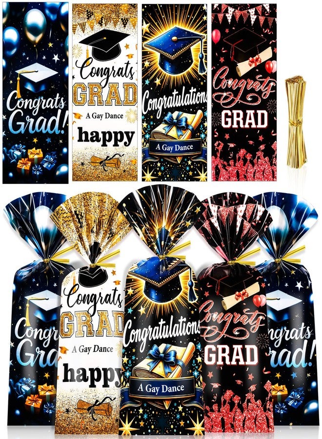 Konsait 100Pcs Graduation Cellophane Treat Bags with Gold Twist Ties, 4 Designs Plastic Party Favor Bags for Graduation Party Supplies, Gift Wrapping, Candy Cookie Snacks - Image 1