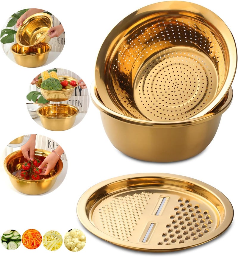 QOBIMOON 3PCSet Colander set Stainless Steel Vegetable Slicer Fruit Potato Peeler Carrot Grater Strainer Utensil Round Rice Washer Bowl Drain BasketGold