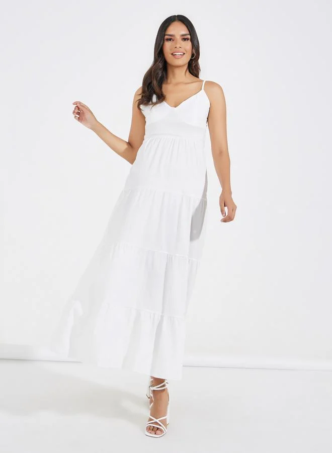 Take Two Tie-Up Back Strappy Tiered Maxi Dress by Styli