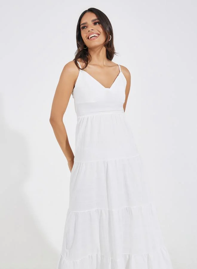 Take Two Tie-Up Back Strappy Tiered Maxi Dress by Styli