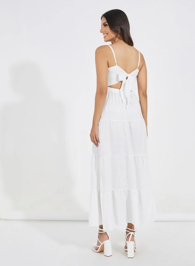 Take Two Tie-Up Back Strappy Tiered Maxi Dress by Styli