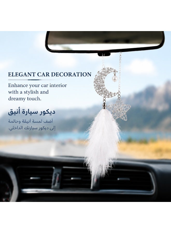 Via Saffi Moon and Star Car Mirror Pendant, Rear View Mirror Hanging Decoration with Feather, Elegant Car Interior Accessories Ornament for Car and Home Decor - Image 2